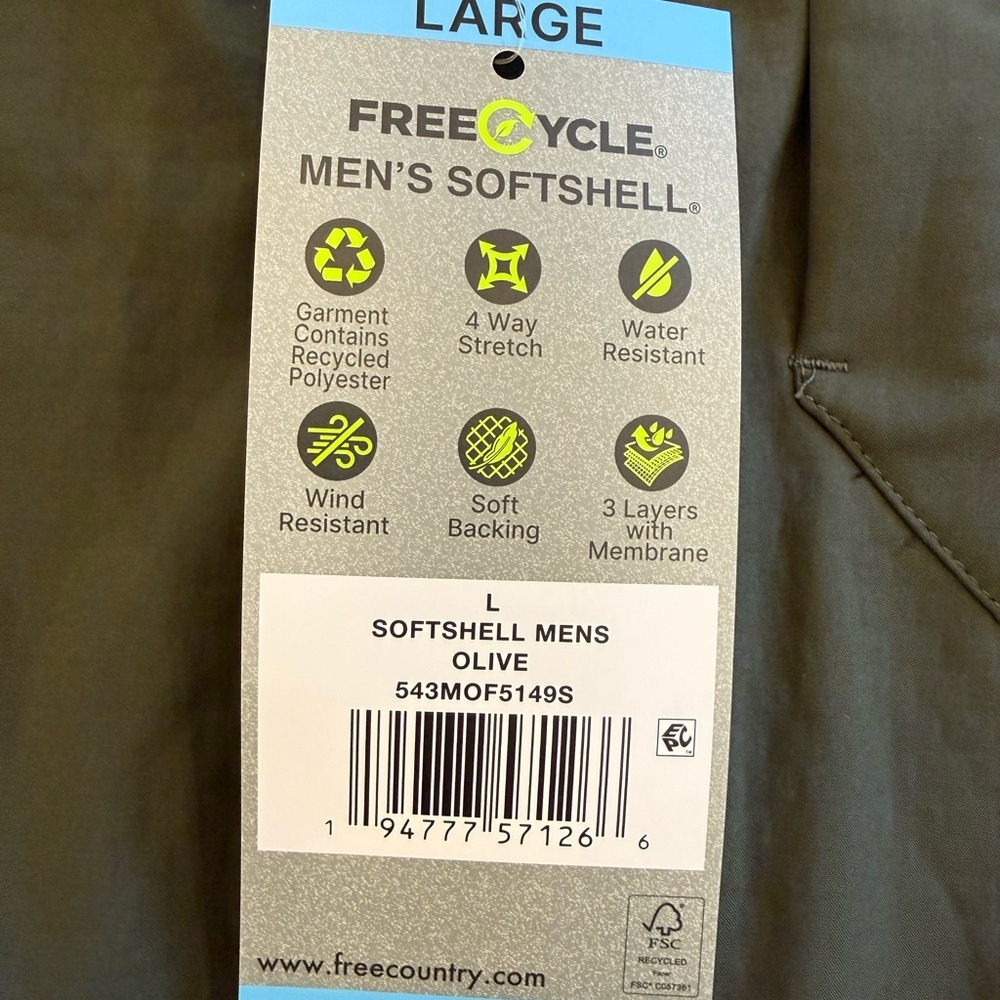 Free Country Men's Wind & Water Resistant Softshell Olive Jacket NWT Size L - Picture 8 of 11
